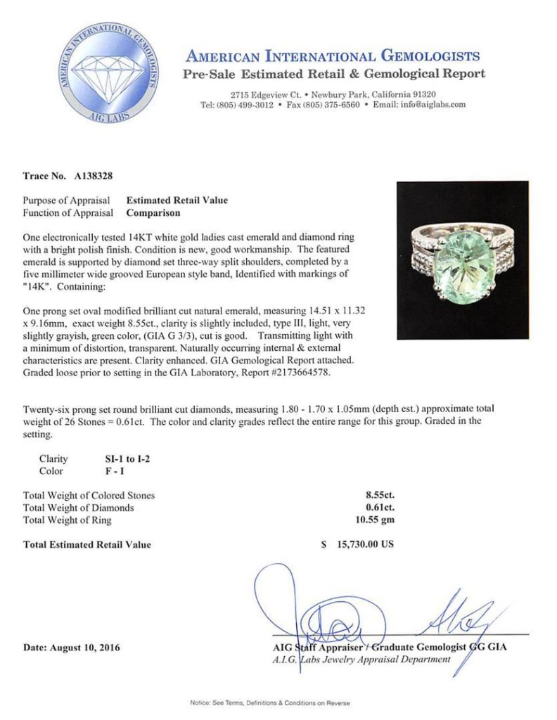 American International Gemologists - gemological report identifying green beryl as emerald