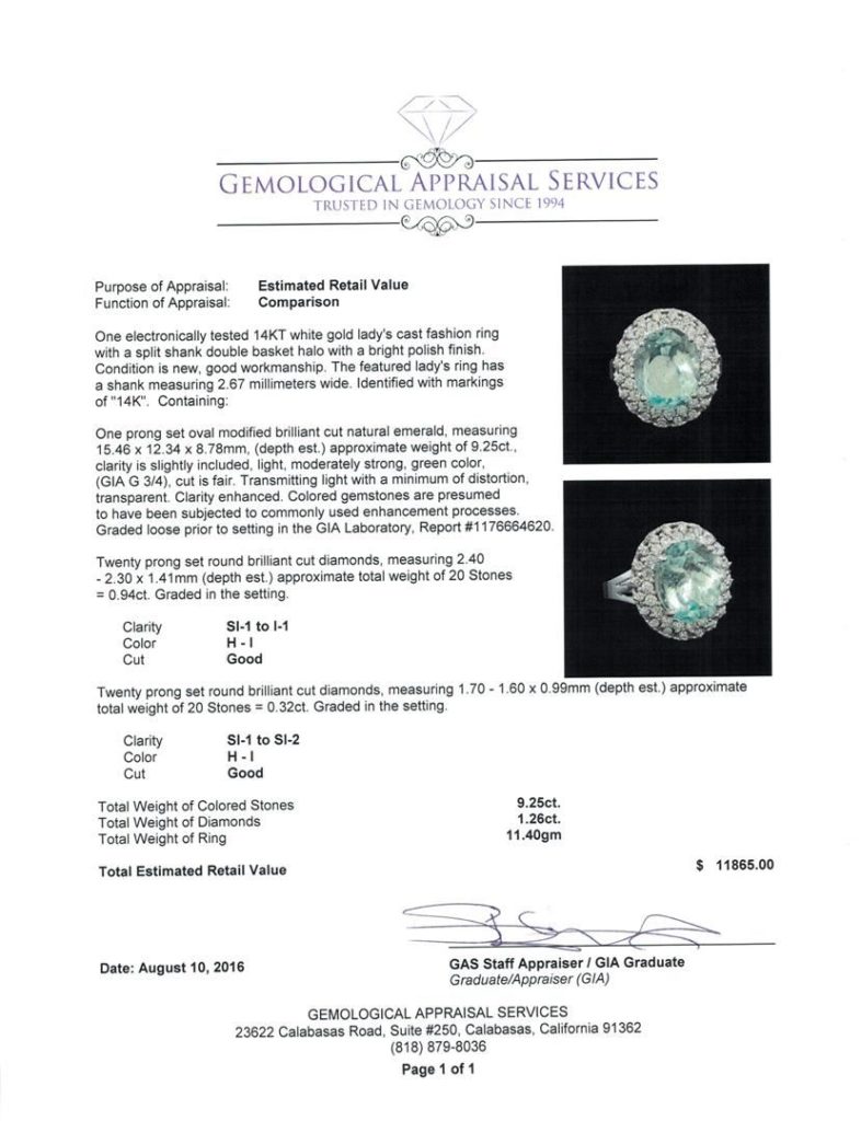Gemological report by Gemological Appraisal Services