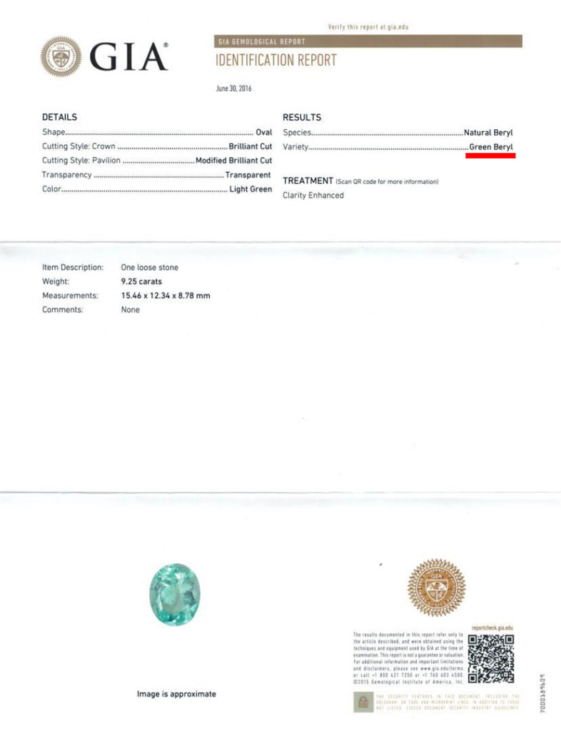 GIA certificate - green beryl