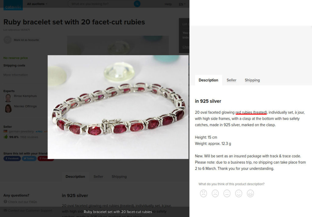 Bracelet with lead glass-filled rubies. Treatment not specified.