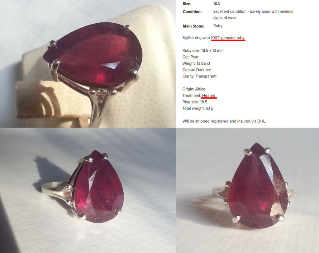 Ring with a lead glass-filled ruby of 13.85 ct. The seller openly lies about the treatment method