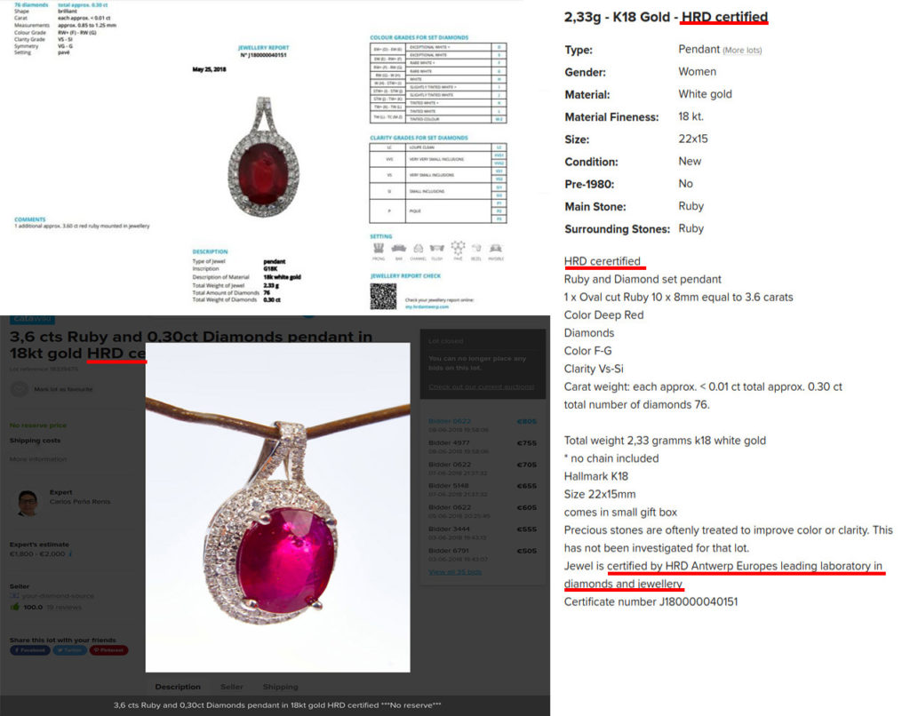 Pendant with a lead glass-filled ruby. HRD certified