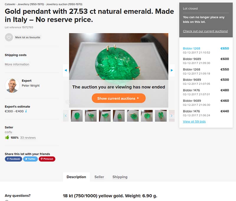 Fake emerald pendant of 27.53 carats sold on Catawiki auction site