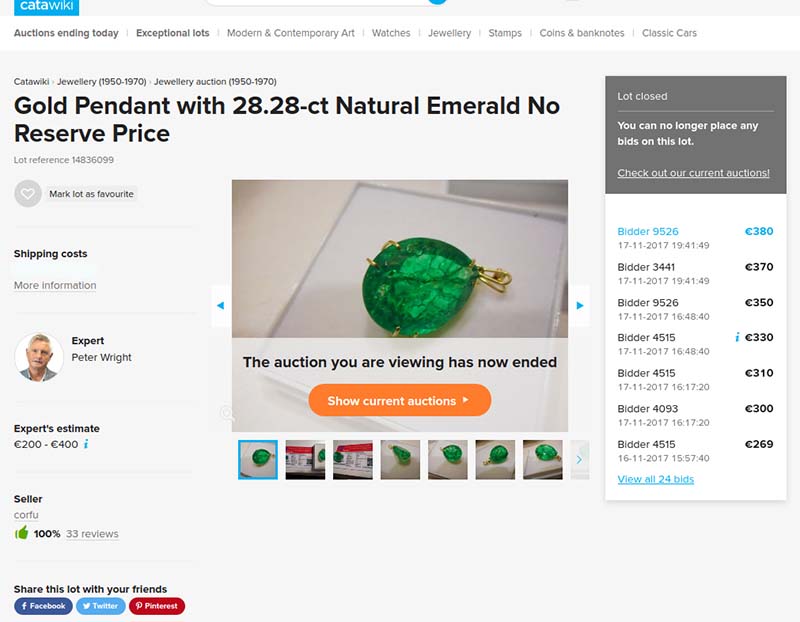 Fake emerald pendant of 28.28 carats sold on Catawiki auction site