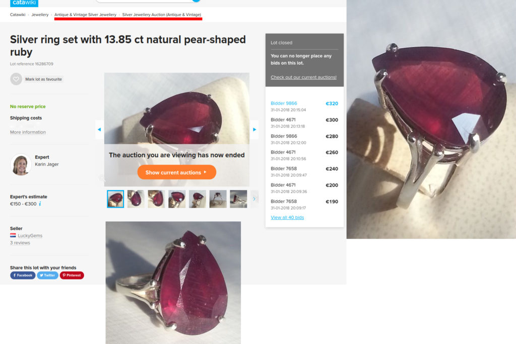 A Silver ring with a lead glass-filled ruby sold as antique/vintage jewelry