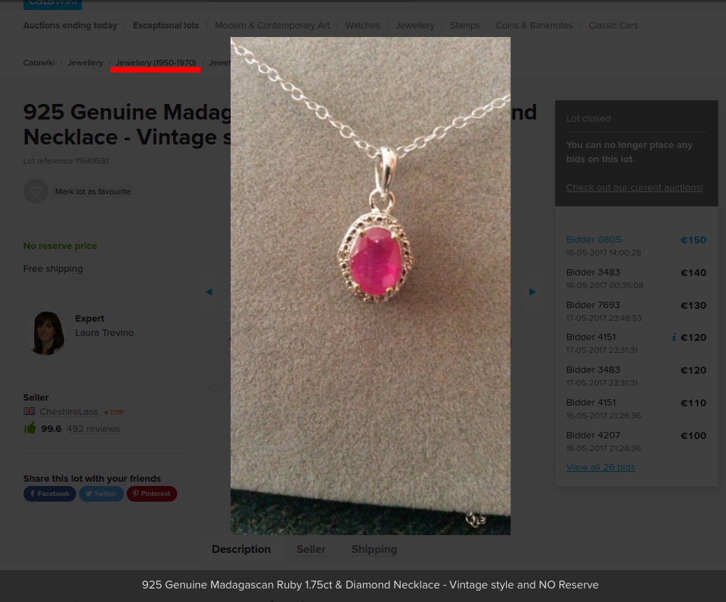 Silver pendant with a lead glass-filled ruby sold in 1950 - 1970 category