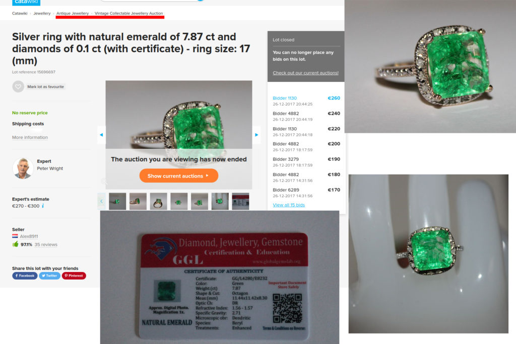 Silver ring with a fake emerald sold as vintage collectible jewelry