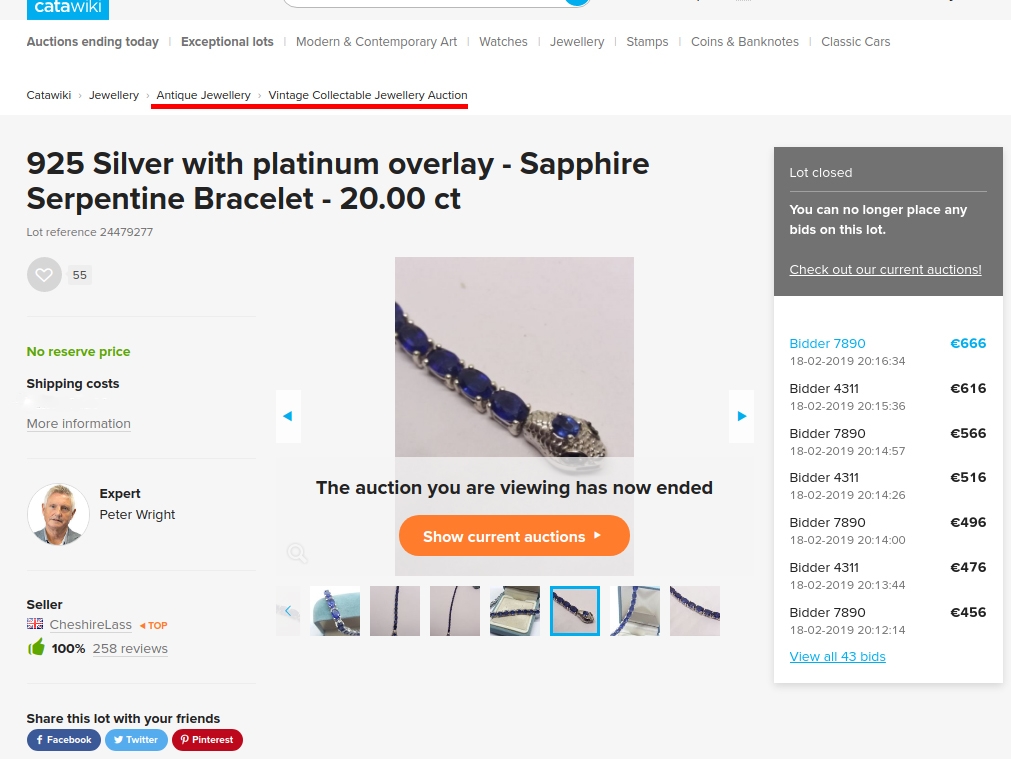 A Cobalt-lead glass-filled sapphire bracelet sold as vintage collectible jewelry