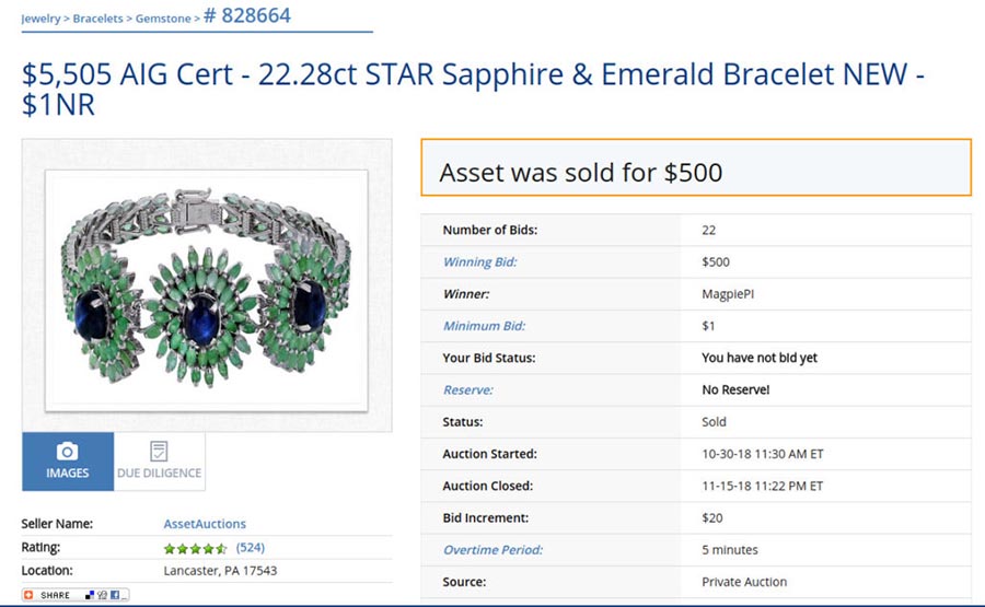A Sterling silver bracelet with a highly inflated valuation on Bid4assets online auction site