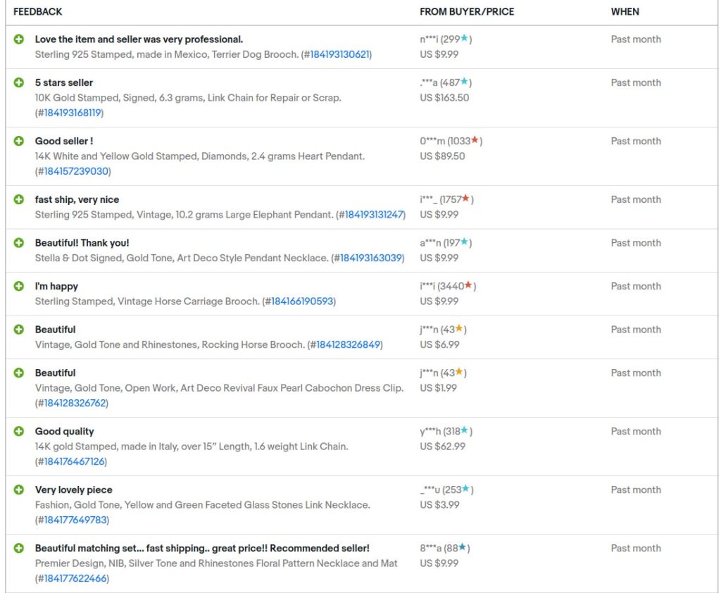 eBay seller's feedback profile with the listing titles, hyperlinks, and sales prices