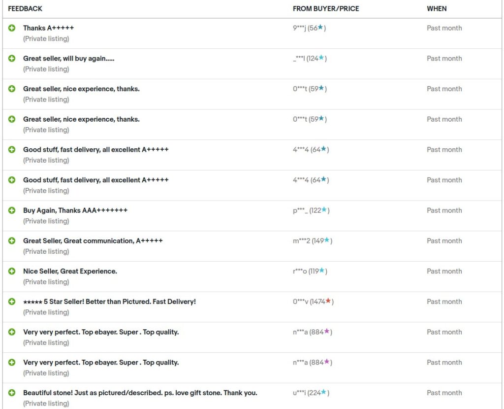 eBay seller feedback profile with private listings