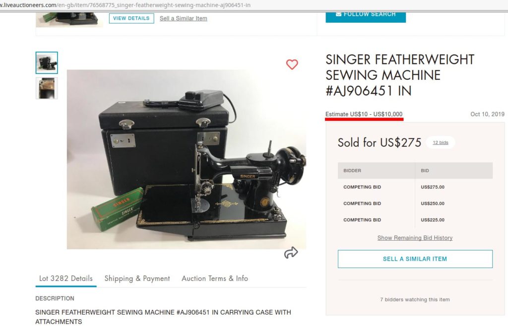 A Singer Featherweight 221 with the price estimate of $10 - $10,000. Listing on Liveauctioneers.com