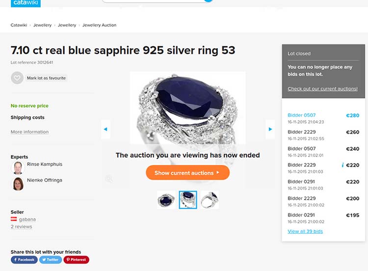 Sterling silver ring with a cobalt-doped glass-filled sapphire at Catawiki auction website