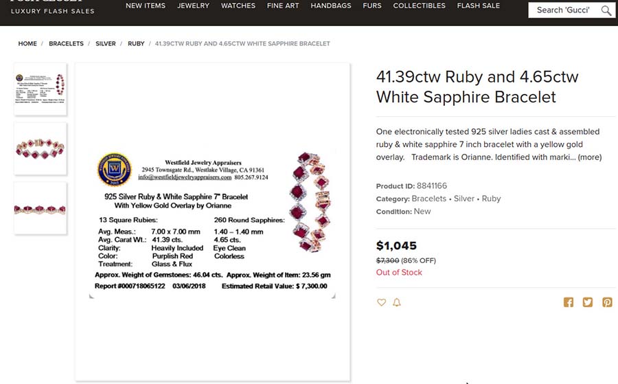 Sterling silver bracelet with composite rubies at poshcloset.com