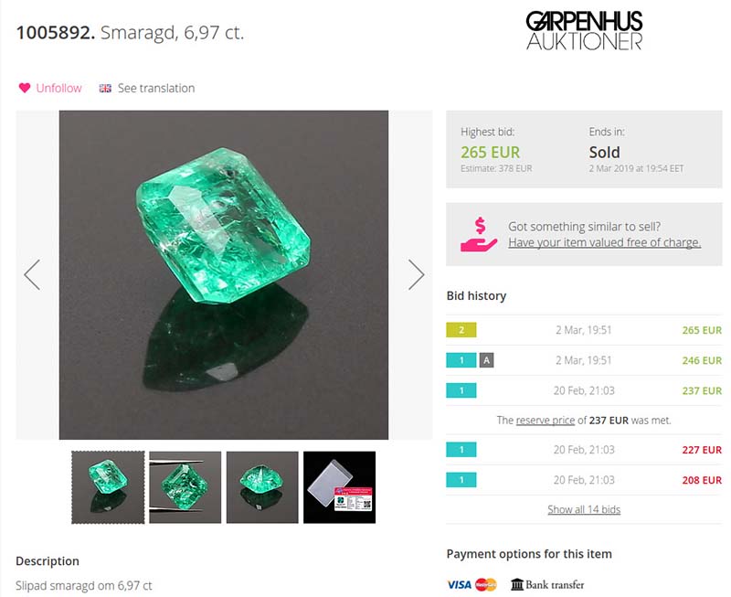 Fake emerald at auction site auctionet.com