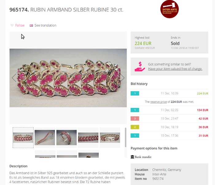 Sterling silver bracelet with rubies at Auctionet online auction