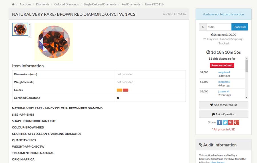 0.49 ct brown diamond at Gem Rock Auctions